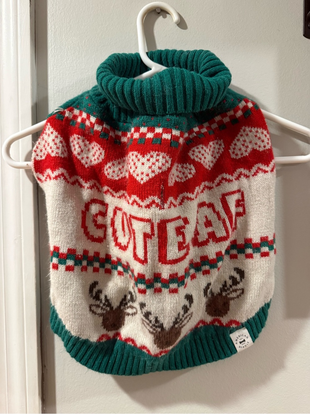 American Eagle Outfitters Green Red White Knit Dog Sweater with Reindeer